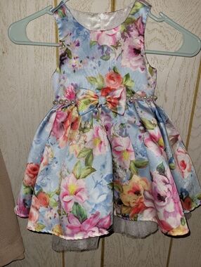 Girls Floral Party Dress with Bow - Light Blue Floral